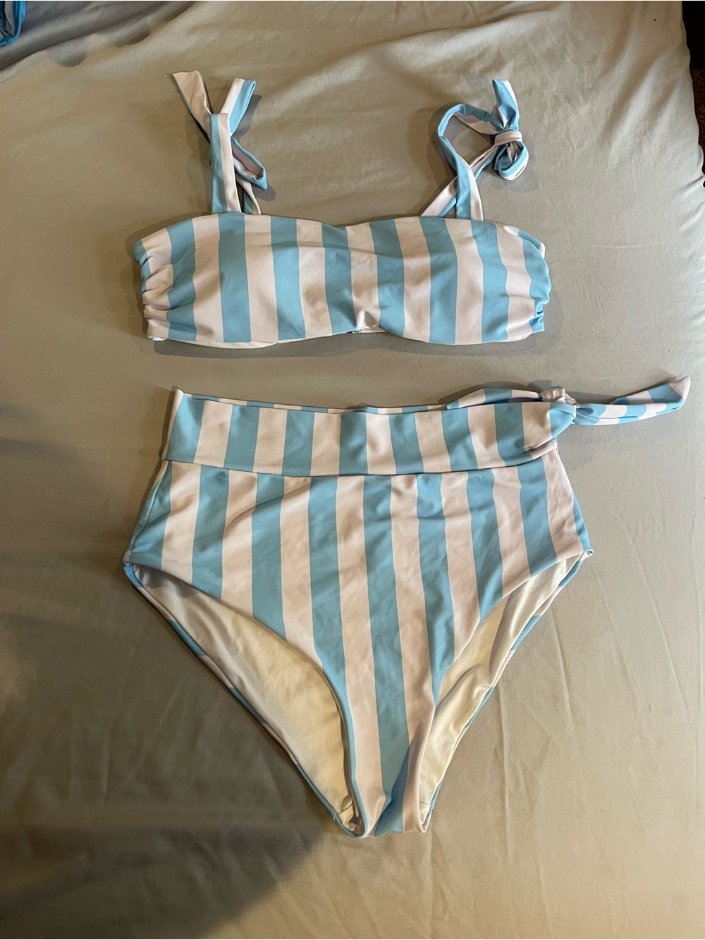 Striped Light Blue & White High-Waist Bikini Set